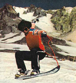 Snowbord history: Snowboard jump on early snowboard