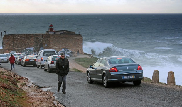 People visiting the big wave beach in Nazare