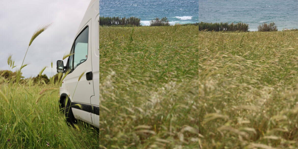 Two images of a van parked in a field next to the ocean.
