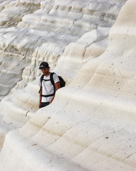 "Testing" the DryTide waterproof backpack on the white cliffs of Scala dei Turchi